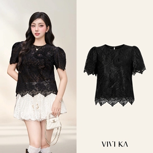 <b>Women's</b> Black Floral Lace Short Sleeve Blouse with <b>Mesh</b> Lining Scalloped Hem Elegant Lace <b>Top</b> Casual Style ASTORIE - Product Image 1