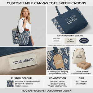 Sac fourre-tout en coton pour femme, motif géométrique bleu marine avec pompon et poignées d'épaule, pour marques de distributeurs - Product Image 6