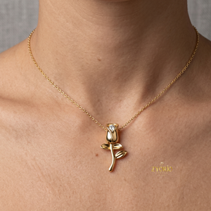 18K Yellow Gold Link Chain Pendant Necklace Radiant Cut Lab Diamond Rose Flower Design Trendy Women's Engagement Anniversary - Product Image 2