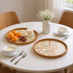 Bandeja redonda de ratán con incrustaciones de nácar, bandeja dorada de mimbre para mesa de centro con base de madera para cocina y sala de estar - Product Image 5