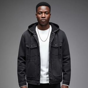 Chaqueta con Capucha de Mezclilla Negra para Hombre, Corte Regular, Color Sólido, Estilo Casual, 100% Algodón, Resistente al Viento, Ecológica, para Otoño e Invierno - Product Image 6
