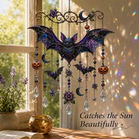 Décoration Suspendue Gothique d'Halloween en Forme de Chauve-Souris pour Jardin, Attrape-Soleil de Fenêtre en Acrylique Vibrant avec Gouttes Réfléchissantes