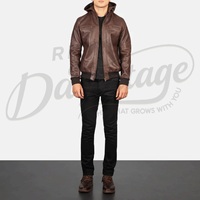 Veste en cuir marron foncé pour homme, style bomber décontracté, fermeture éclair, coupe ajustée, en cuir d'agneau véritable, avec capuche.