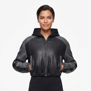 Hoodie court en cuir PU pour femme avec fermeture éclair avant et poches latérales, style streetwear - Product Image 1
