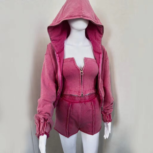 Custom 3 Piece Distressed Vintage Acid Washed Matching Crop Hoodie <b>Strapless</b> <b>Corset</b> and Shorts Set Women Summer Sets - Product Image 1