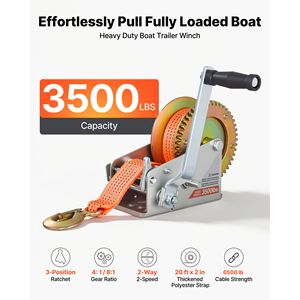 Cabrestante manual de alta resistencia para embarcaciones de 3500 lb con correa de poliéster naranja de 20 pies, freno automático, trinquete bidireccional y 2 velocidades - Product Image 2