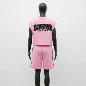 Conjunto Corto sin Mangas para Mujer, 100% Algodón, Felpa de Algodón Premium, Color Rosa Suave, Panel Lateral en Contraste, Logotipo Bordado Personalizado - Product Image 2