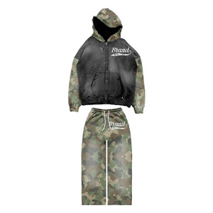 Boxy Fit Rhinestone Graphic Vintage Heavyweight Split Patchwork Distressed Zip up Sweat <b>Suit</b> Custom Streetwear USA Style - Product Image 2