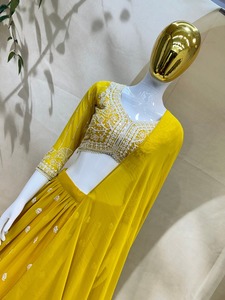 Ensemble Lehenga Choli en polyester brodé jaune, longueur au sol, séchage rapide, robe de fête indienne pakistanaise pour femmes - Product Image 6