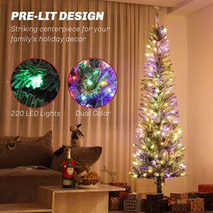 7.5 ft Pencil Christmas <b>Tree</b> Pre-Lit Dual Color <b>LED</b> Lights Flocked with 519 Tips and Metal Stand Green Xmas Decorations - Product Image 4