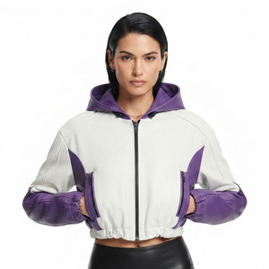 Women Crop Leather Wholesale Hoodie Female <b>Cropped</b> Leather Hood With Side Pockets Girls <b>Zip</b> Leather Short Length Hooded - Product Image 6