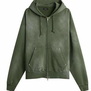Sweat à capuche 100% Coton molletonné épais, coupe classique, délavé à l'acide, avec poche brodée, style vintage, uni, hiver, respirant - Product Image 1