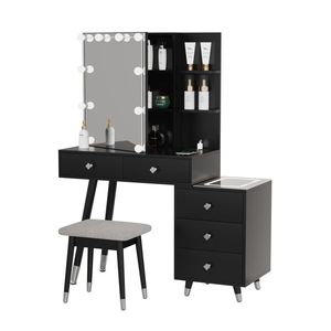 Solid Wood <b>Makeup</b> Vanities 5 Drawers 2 Layer Shelf <b>Mirror</b> Case Pitted Particle Board Triamine Coating Copper Sheath Decoration - Product Image 5