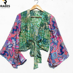 Chemisier en soie en gros pour femmes, 100% soie crêpe, tie-dye, style rétro, haut de plage, haut en soie à nouer devant - Product Image 1