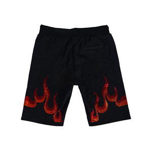 Shorts pour homme noirs à imprimé flamme pailleté, taille élastique, style décontracté, tissu tricoté respirant - Product Image 1