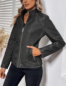 <b>Women</b> Faux Leather Motorcycle Coat Stand Collar Soft Lining <b>Spring</b> Fall <b>Jacket</b> OEM Manufacturer - Product Image 2