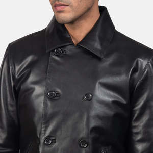 OEM Custom <b>Black</b> Leather <b>Peacoat</b> Waterproof Bomber Jacket Stand Collar Streetwear Zipper Closure Cotton Lining 100% <b>Men</b> - Product Image 3