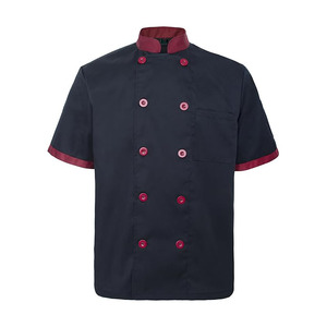 Chaqueta de Chef Profesional de Alta Calidad, Manga Corta, 100% Lona de Algodón, Color Personalizado, Azul Oscuro con Ribete Rojo, Uniforme para Restaurante o Bar - Product Image 5