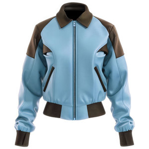 <b>Women's</b> Light Blue PU <b>Leather</b> <b>Bomber</b> <b>Jacket</b> With Brown Contrast Color Full Sleeve Zipper Closure Autumn Windproof Style - Product Image 5
