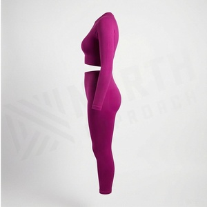 Ensemble de vêtements de sport pour femme, haut court à manches longues magenta, leggings taille haute, 2 pièces, sans couture, pour le yoga - Product Image 3
