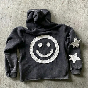Winter Men's <b>Hoodies</b> Custom Logo <b>500</b> <b>Gsm</b> Heavyweight Thick Cropped Zipper Vintage Acid Wash Distressed Embroidered Patch Hoodie - Product Image 6