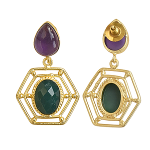 Pendientes hexagonales chapados en oro vintage con amatista y piedra verde para mujer, joyería de fiesta - Product Image 3