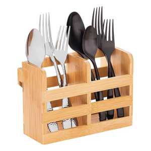 Bamboo Cutlery Holder 2 Compartment Utensil Organizer Wooden Spoon Fork Knife Storage <b>Rack</b> Kitchen Countertop Stand - Product Image 1