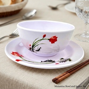 Ensemble bol et soucoupe en mélamine, design minimaliste peint à la main, assiettes rondes, durables, pour les fêtes - Product Image 1