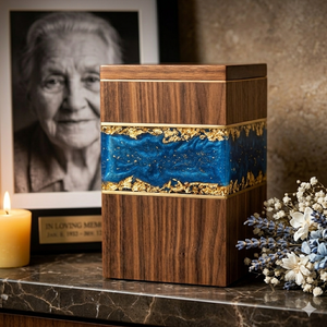 Blue Resin Wood Cremation <b>Urn</b> <b>Ashes</b> Memorial Keepsake Box Modern Adult Burial <b>Urn</b> <b>for</b> Remembrance - Product Image 2
