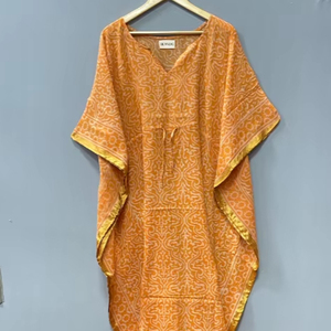 ชุดเดรสยาวแบบคาฟตันผ้าฝ้ายสีเขียวพิมพ์ลาย Bagru ทำมือ เอวธรรมชาติ สำหรับผู้หญิง สวมใส่สบายๆ ลำลอง ความยาวคลุมเท้า เหมาะสำหรับงานปาร์ตี้ - Product Image 1