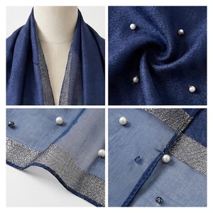 Bufanda Larga de Chifón para Mujer, Color Azul Sólido, Elegante, con Detalle de Perlas Bordadas, Accesorio de Moda para Todas las Temporadas, Multifuncional - Product Image 4