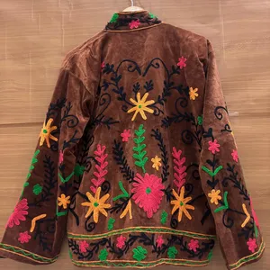<b>Women</b> Brown <b>Velvet</b> Floral Embroidered Suzani <b>Jacket</b> Full Sleeve Stand Collar Handmade Bohemian Winter Outerwear - Product Image 5