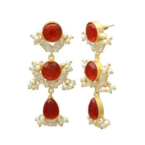 Pendientes Colgantes Cristianos de Perlas de Agua Dulce y Circonita Cúbica de Ónix Rojo, Chapados en Oro de 24K, de Latón, para Mujer, Ideales para Boda - Product Image 2