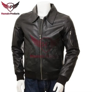 Blouson aviateur en cuir véritable noir pour homme, avec poignets côtelés, en cuir de vachette, style classique, vêtement d'extérieur tendance, chaud pour l'hiver - Product Image 2