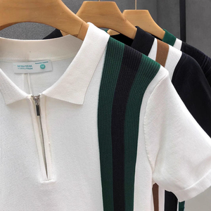 Polo de Punto Blanco para Hombre con Rayas Verdes, Manga Corta, Corte Regular, Estilo Preppy, Ribete en Contraste - Product Image 6