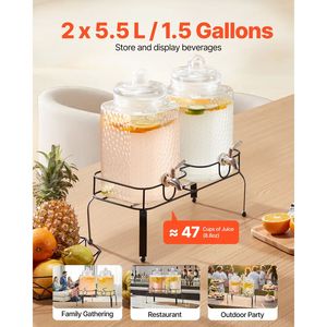 Set di 2 Dispenser per Bevande in Acciaio Inox da 1,5 Galloni con Supporto in Metallo, Erogatore di Succo in Vetro per Feste - Product Image 5