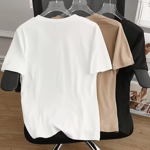 Camiseta de Manga Corta con Cuello en V para Mujer, Color Sólido, Corte Holgado, Informal, Transpirable, de Algodón Jersey, para Todas las Temporadas - Product Image 2