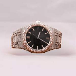 Montre en quartz Moissanite avec bracelet marron élégant, cadran analogique rond, détails en diamant étincelant pour un style décontracté - Product Image 6