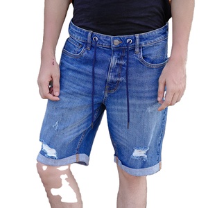 Venta al por mayor de los hombres pantalones vaqueros cortos con cordón transpirable personalizado de impresión de verano ropa de calle angustia corto Color sólido - Product Image 1