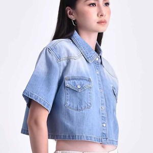Chemisier en jean respirant à manches courtes pour femme, en coton de haute qualité, style décontracté, personnalisable - Product Image 2