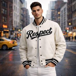 Veste unisexe en polyester noir et blanc faite à la main, style varsity biker, col montant, logo sur le devant, veste d'hiver chaude - Product Image 2