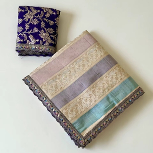 Sari jacquard teint à la main de qualité supérieure – Tissage lourd Jari Meenakari avec broderie et chemisier en dentelle - Product Image 1