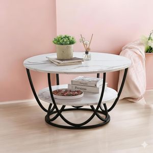 Table basse ronde moderne finition marbre, structure métallique robuste, table centrale pour canapé, décoration de salon - Product Image 3