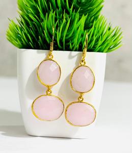 Natural <b>Rose</b> Quartz Gemstone <b>Earrings</b> <b>Gold</b> Plated Bezel <b>Stud</b> <b>Earrings</b> Elegant Indian Fashion Jewelry for Women Bridal Wedding - Product Image 1
