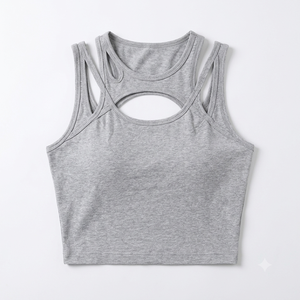 Débardeur noir premium à découpes pour femme, coupe ajustée, style sport, sans manches, crop top, respirant, en tricot, Spandex, Polyester - Product Image 5