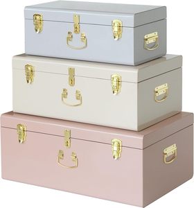 Stackable Metal Storage Trunks Nested Set of 3 Colorful Steel <b>Memory</b> Chests with Gold Accents for Blankets Toys and <b>Keepsakes</b> - Product Image 1