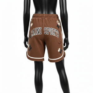 Short de basket-ball pour femme en molleton de coton de haute qualité, marron, confortable, respirant, avec empiècements et logo brodé. - Product Image 5