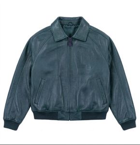 Men's Autumn Streetwear Leather <b>Jacket</b> Embroidered Logo Stand Collar Metal Button Closure Coated Finish Bamboo Lining - Product Image 1