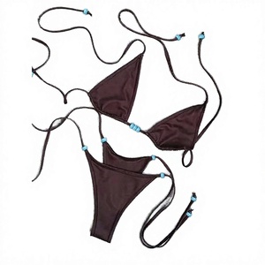 Conjunto de bikini triangular con cuello halter de color liso para mujer, con parte inferior tipo tanga con cordón, traje de baño elástico - Product Image 3