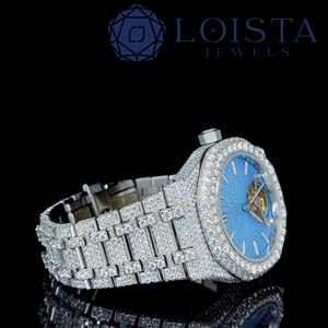 Loista Jewel Luxury iced out silver wristwatch with blue dial and skeleton design <b>for</b> <b>men</b> stylish diamond <b>studded</b> bracelet watch - Product Image 3